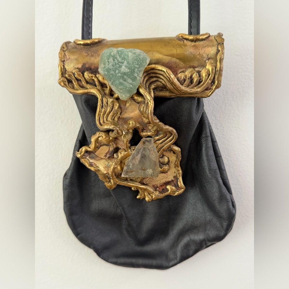 Vintage Carvalhu's Rio Black and Brass Leather Evening Purse